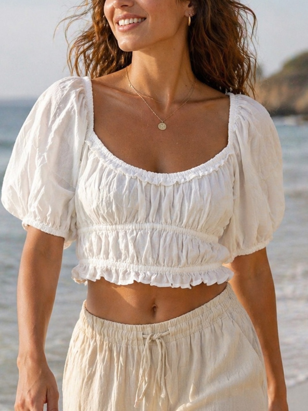White Puff-Sleeve Smocked Crop Top - Casual Summer Blouse